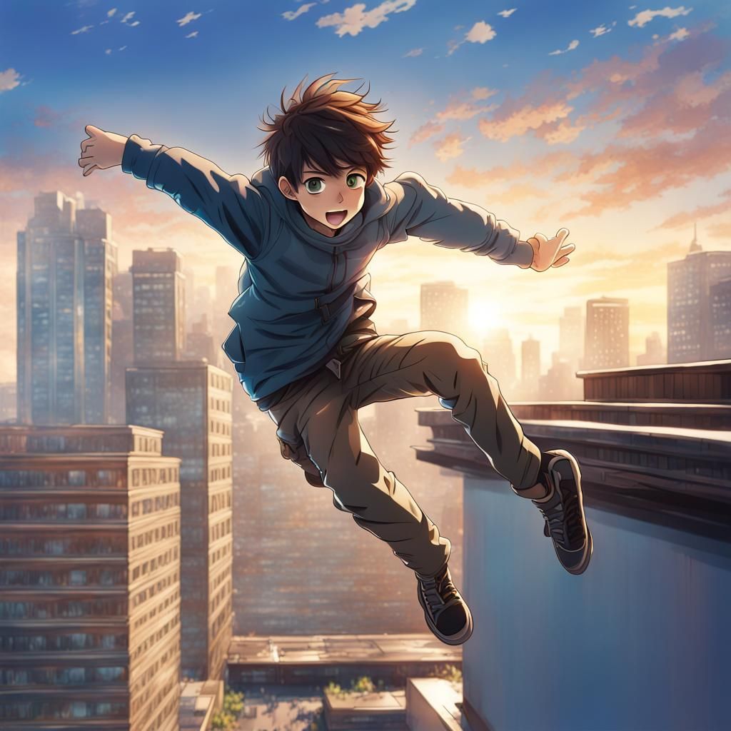 Anime Boy Jumps from Building: Manga Style