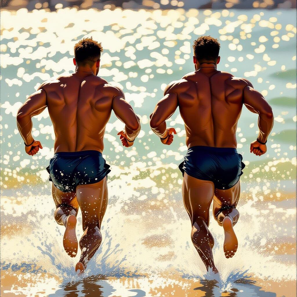 Muscular Men Sprinting Towards Water in Oil Painting Style