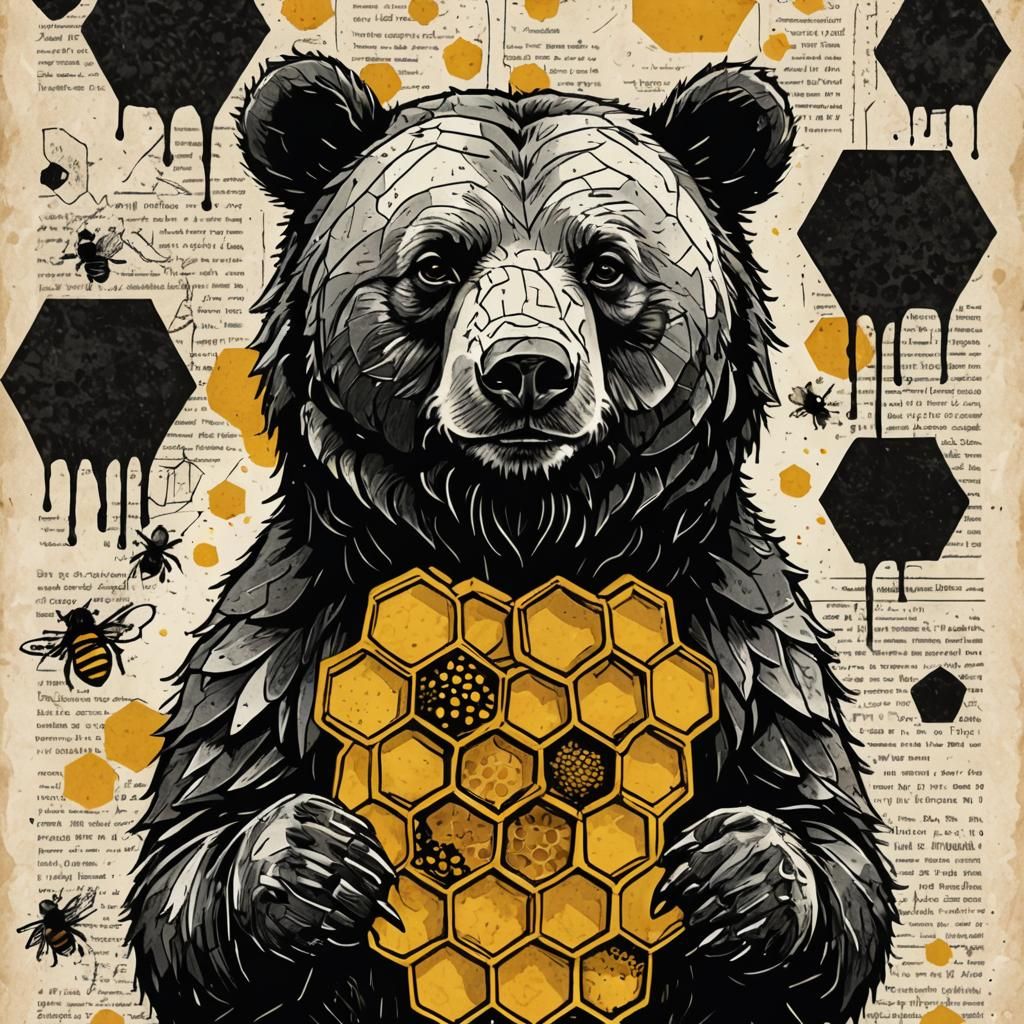 "Poster with an image of a grizzly bear made by honey, in the style of art spiegelman, Anand Varma
