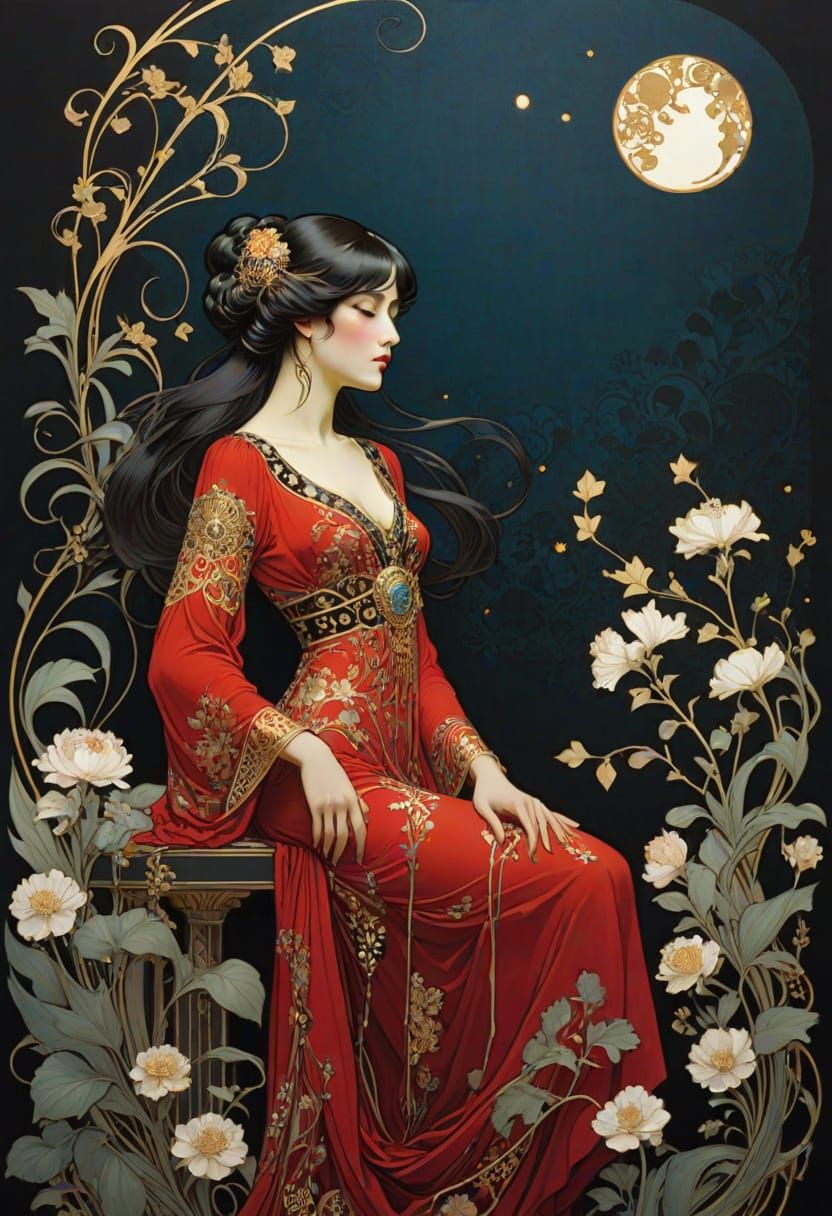 A young woman with black hair and a red dress