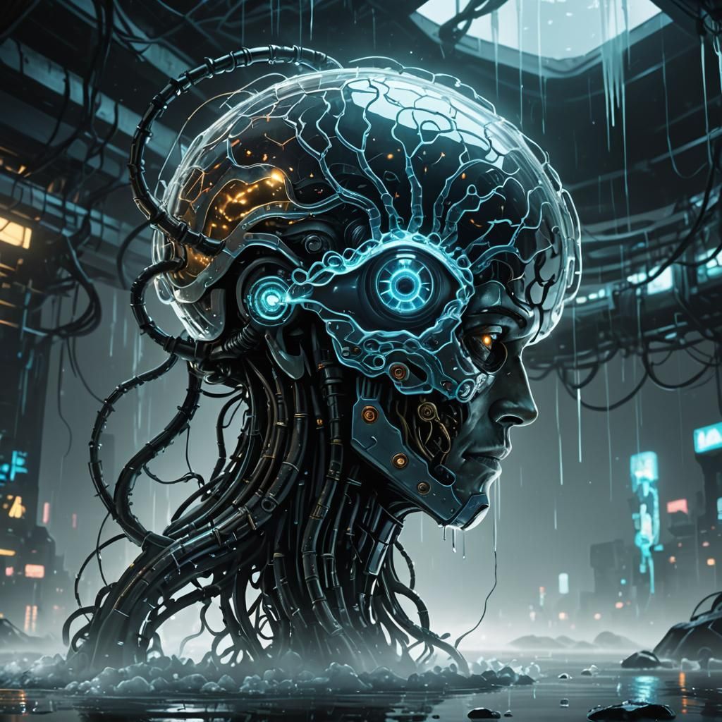 Cyberpunk Brain in Glass with Tentacle