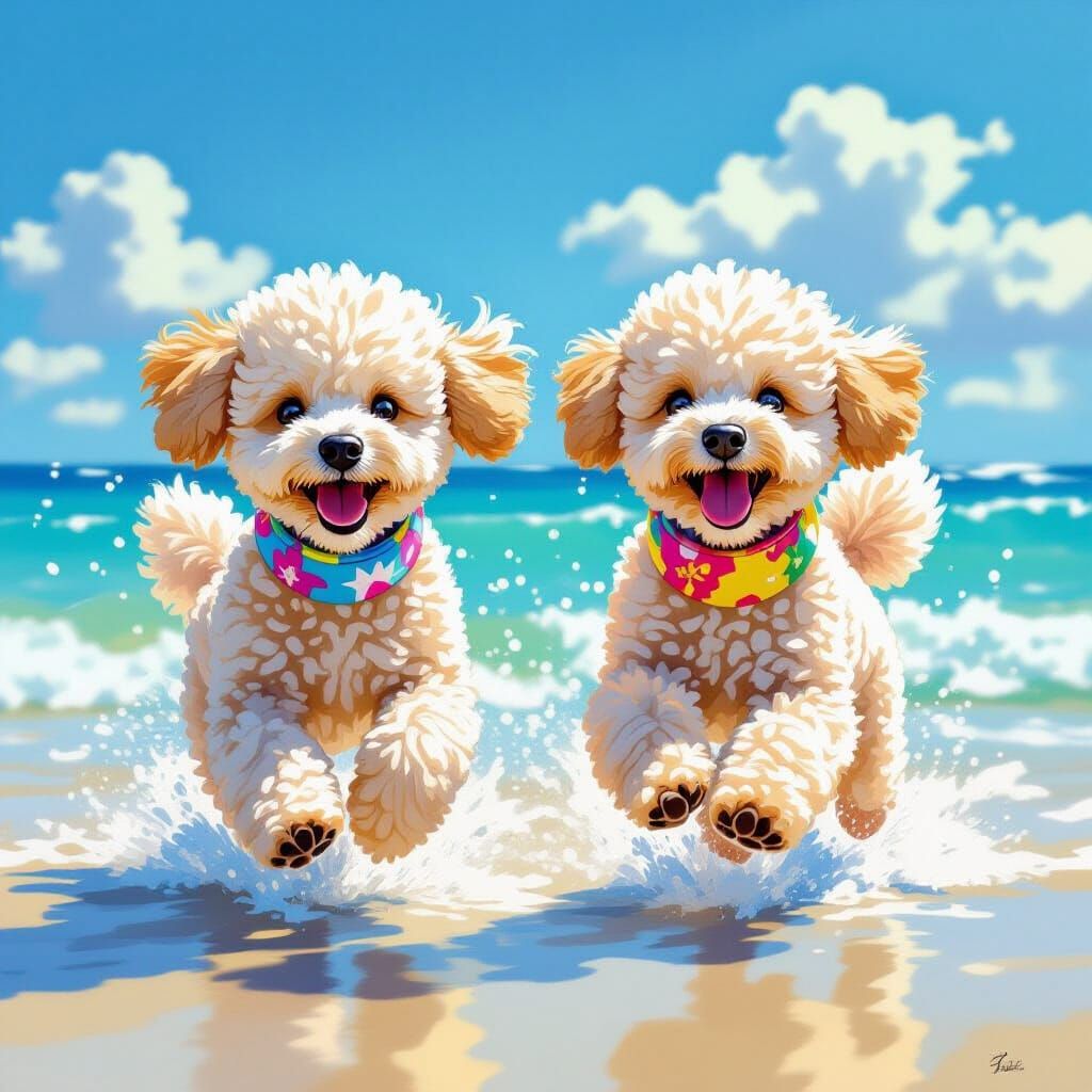 Toy Poodles Frolicking on Sunny Beach