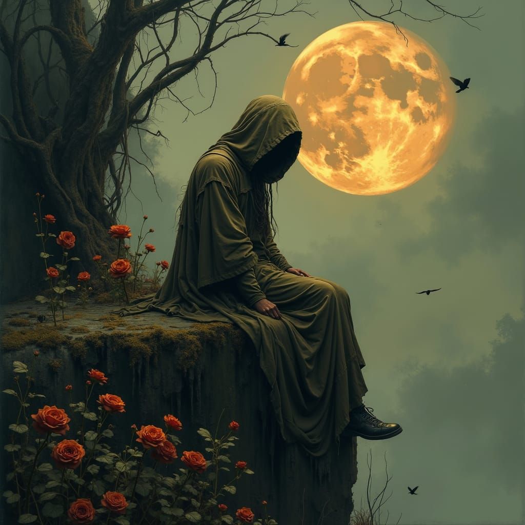 Melancholic Hooded Figure Dissolving under Moonlit Sky