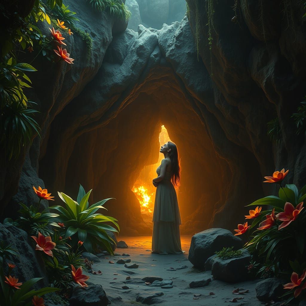 Sensual Cave Goddesses in Lush, Dreamlike Landscape