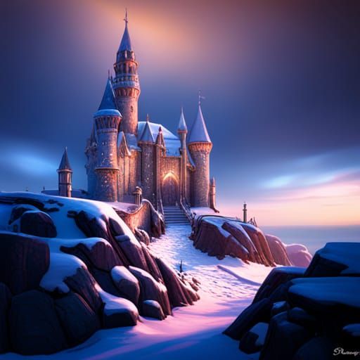 Fairy Castle in Winter Wonderland, Dark Fantasy Art