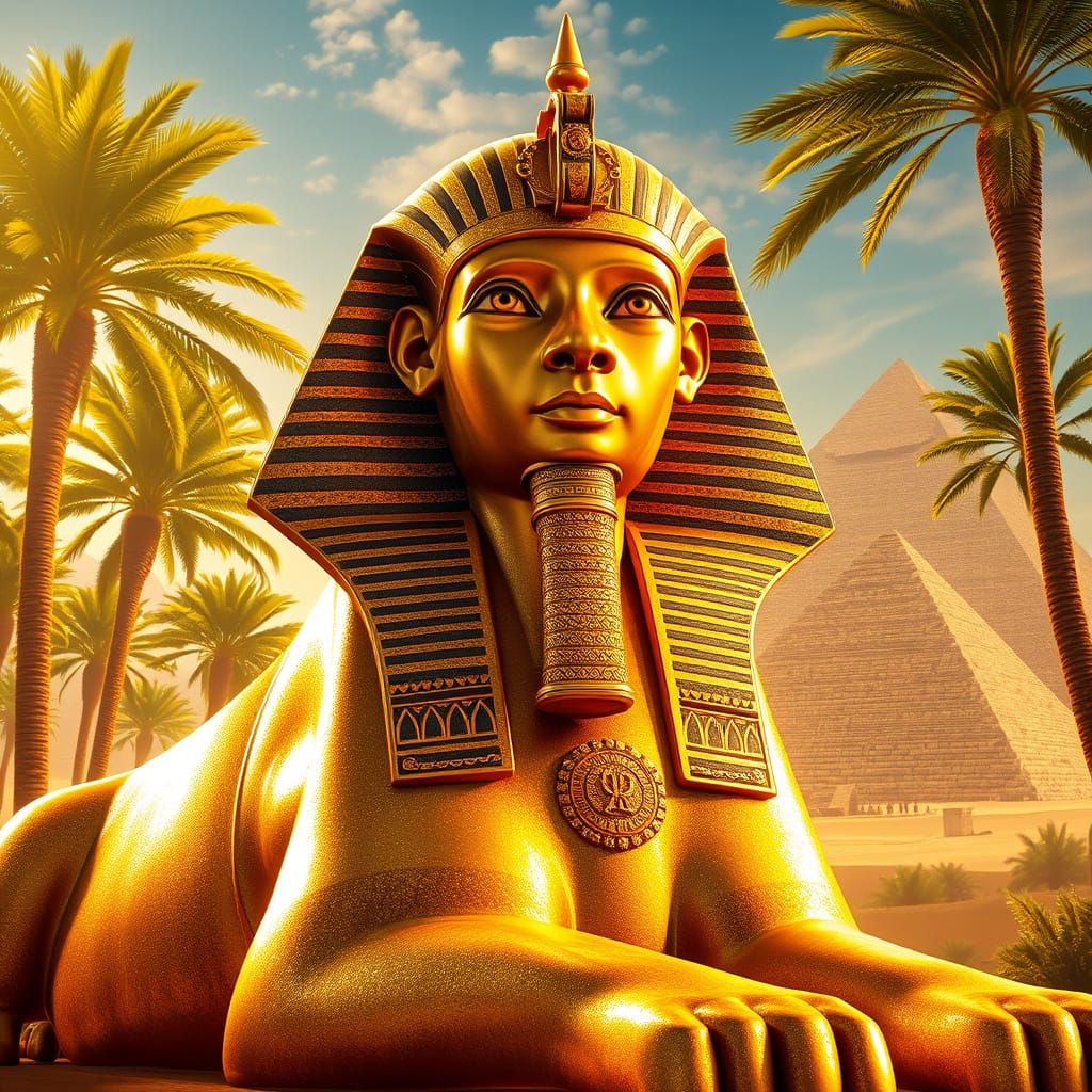 Majestic Golden Sphinx in Serene Oasis