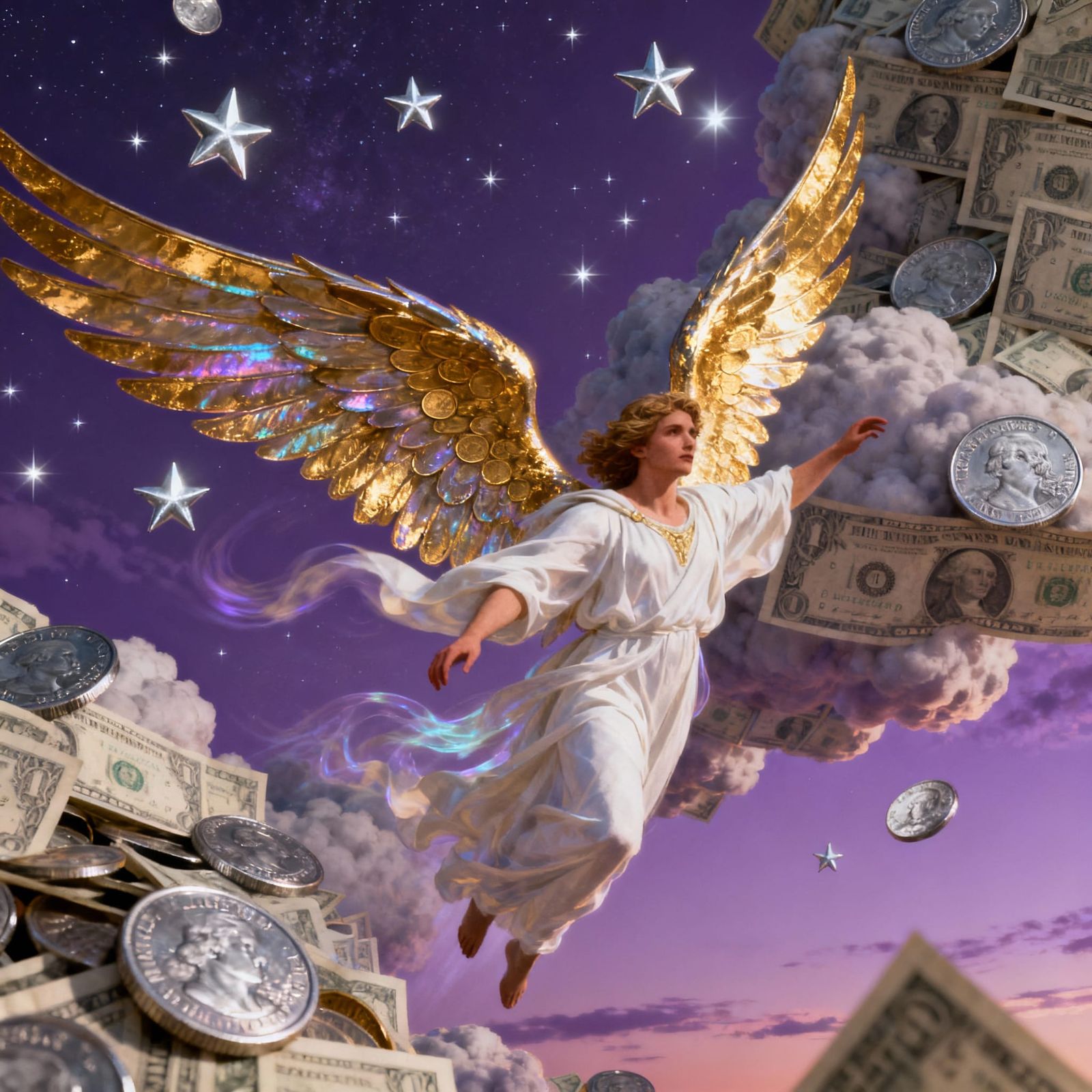 Angel Soars Through Twilight Sky with Gold Coin Wings