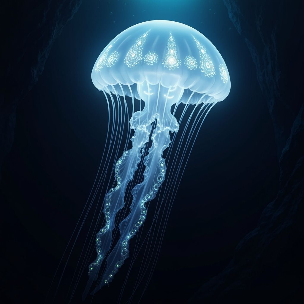 Bioluminescent Jellyfish Drifting in Deep Sea Trench