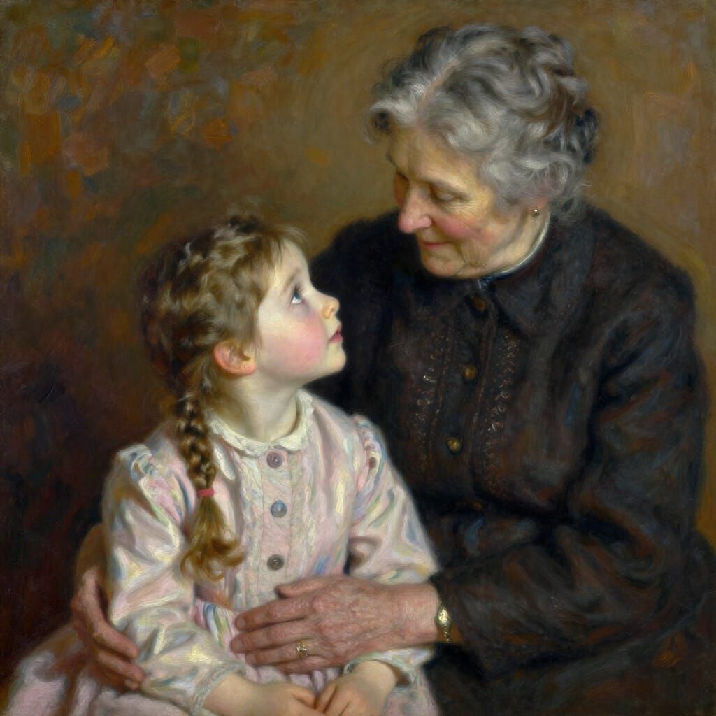 Girl Gazes Up At Grandmother With Admiration
