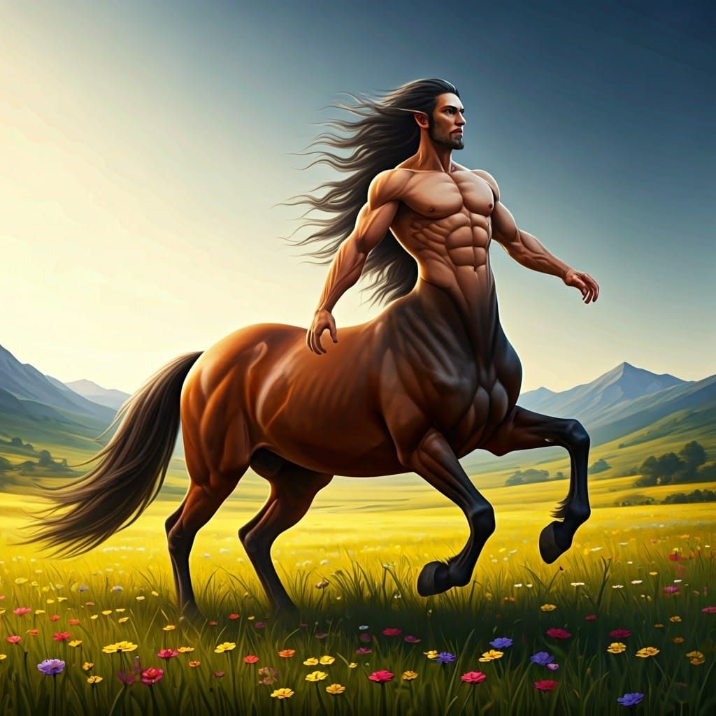 Dynamic Centaur Galloping Through a Sun-Drenched Meadow