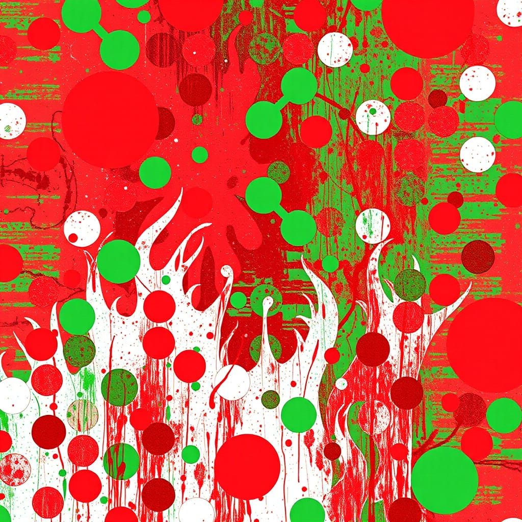 Polychromatic Polka Dot Graffiti Art with Flames