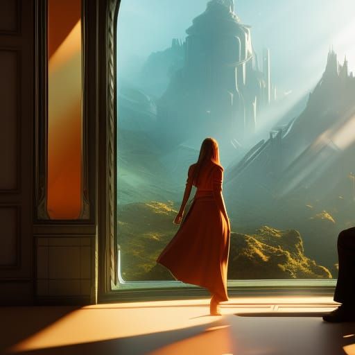 Woman Gazing Out Window, Hyperdetailed Concept Art