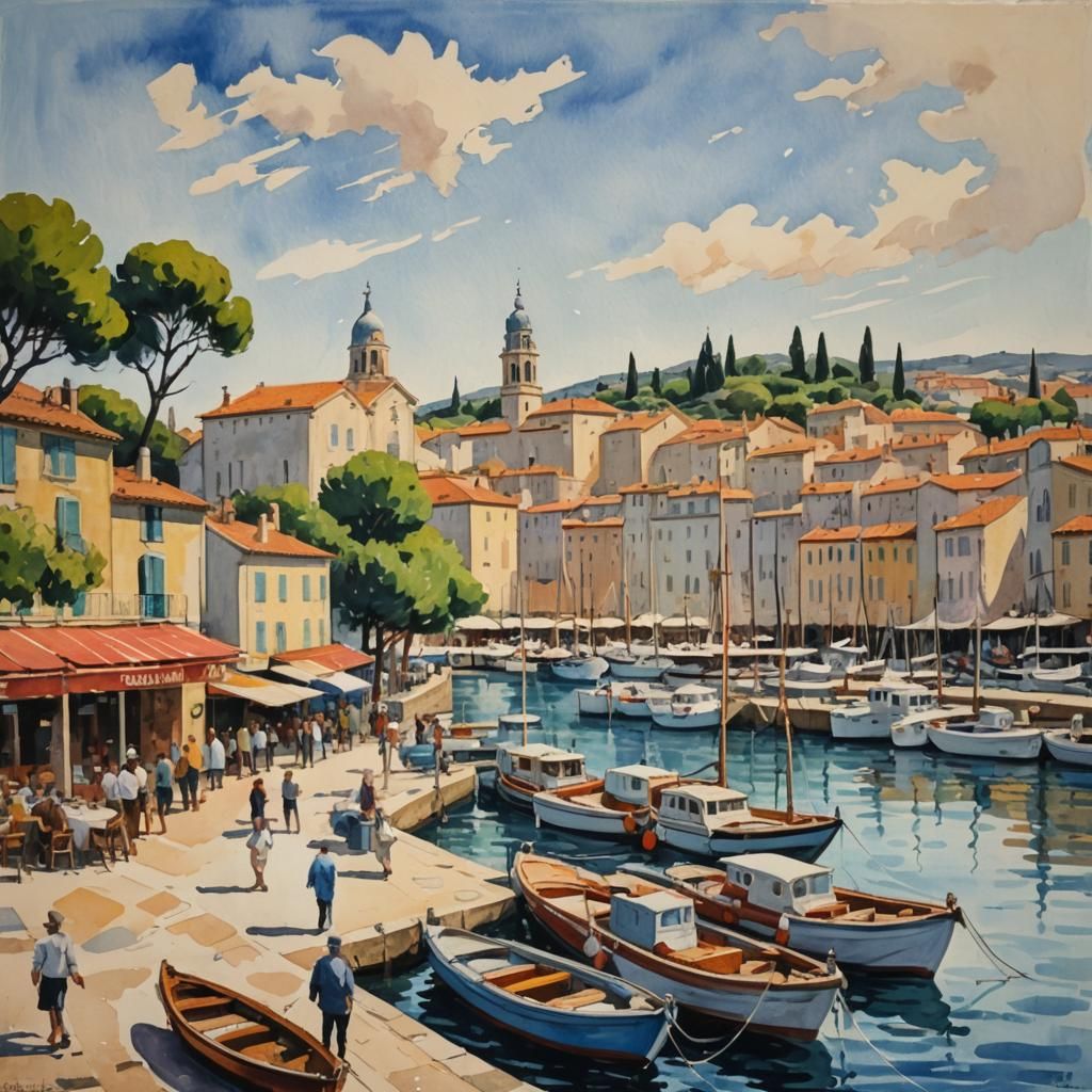 Picturesque Fishing Port in Impressionist Gouache Style