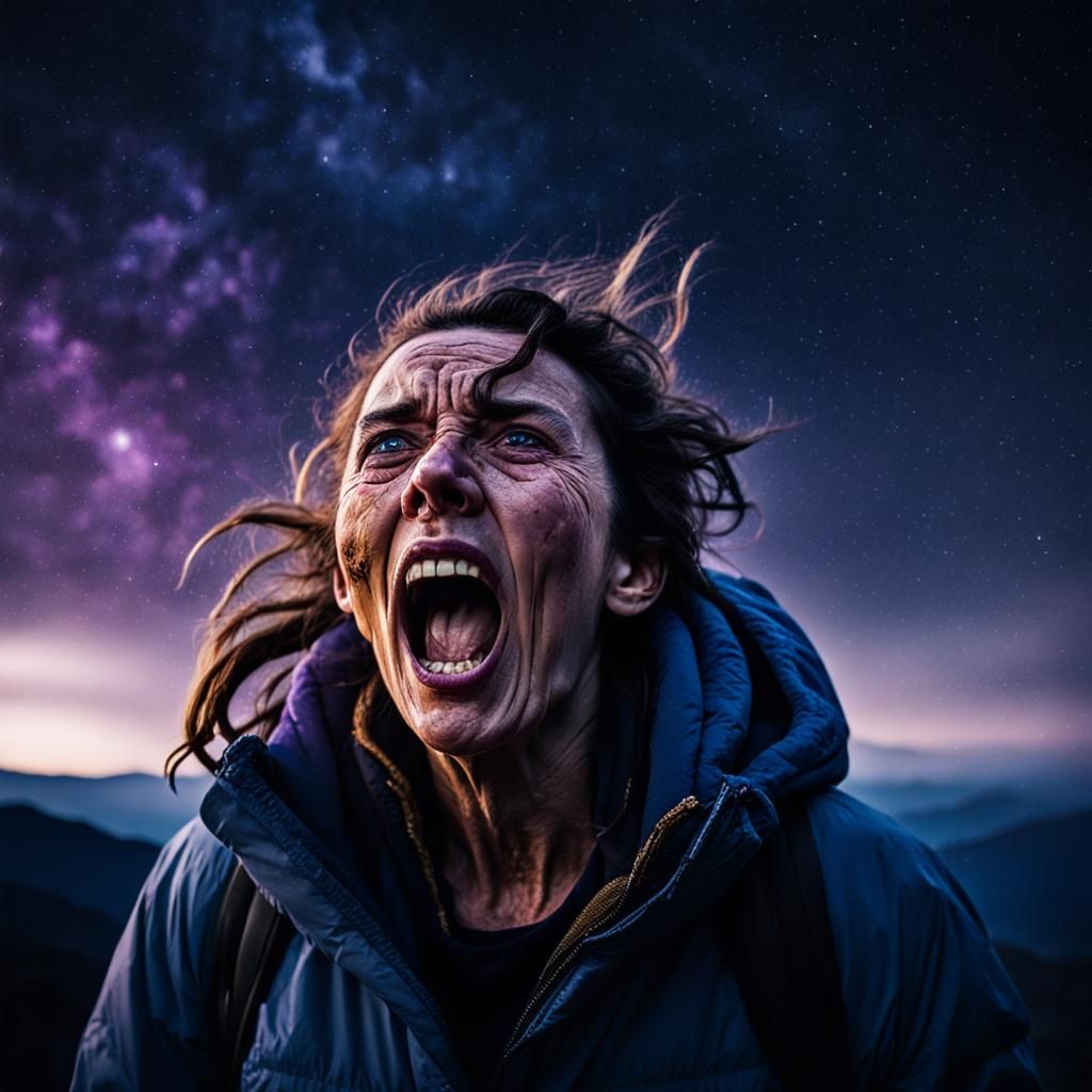 Emotional Portrait of Woman Screaming at Night Sky