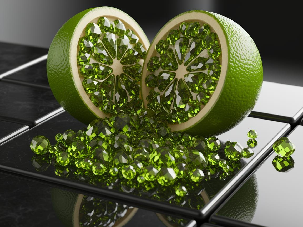 Emerald Filled Peridot Fruit on Black Stone Tabletop
