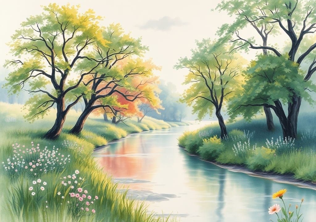 River and Meadow in Watercolor Landscape