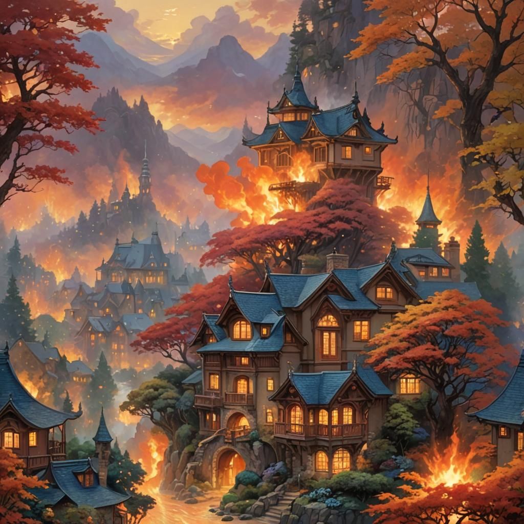 Fiery Anime Art Nouveau with Complementary Colors