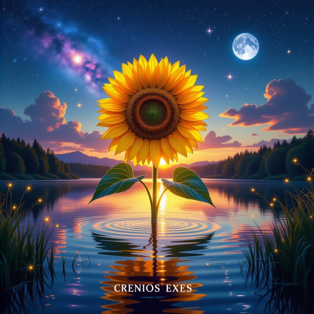 Cosmic Sunflower Sunset: Bioluminescent Fantasy Landscape