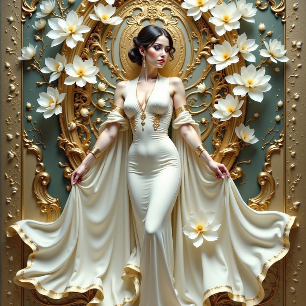 1920s Woman with White Magnolias in Gold Texture