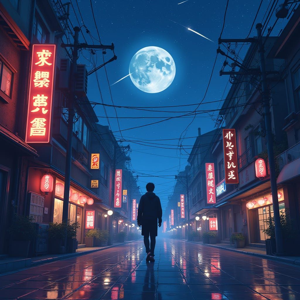 Neon Japanese Street Scene in Anime Style