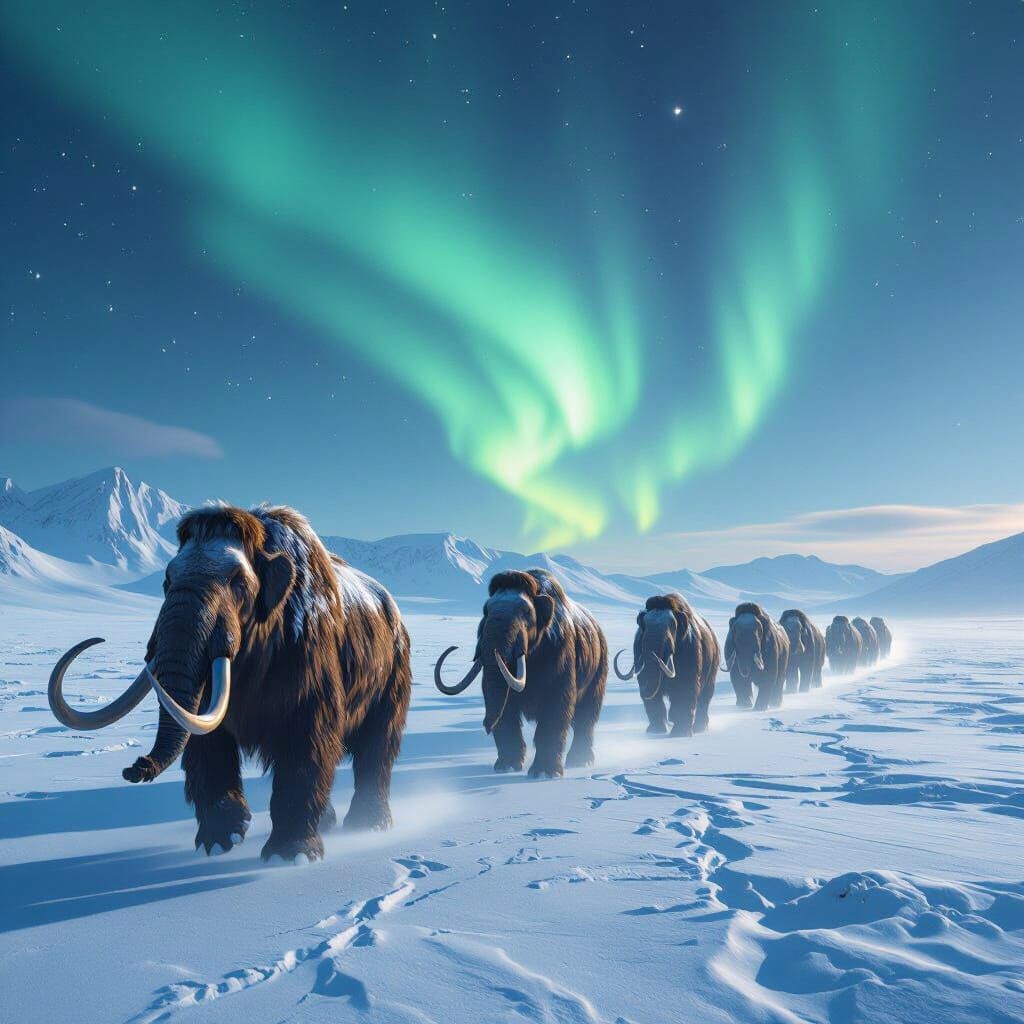Woolly Mammoths Under Aurora Borealis: Cinematic Icy Landsca...