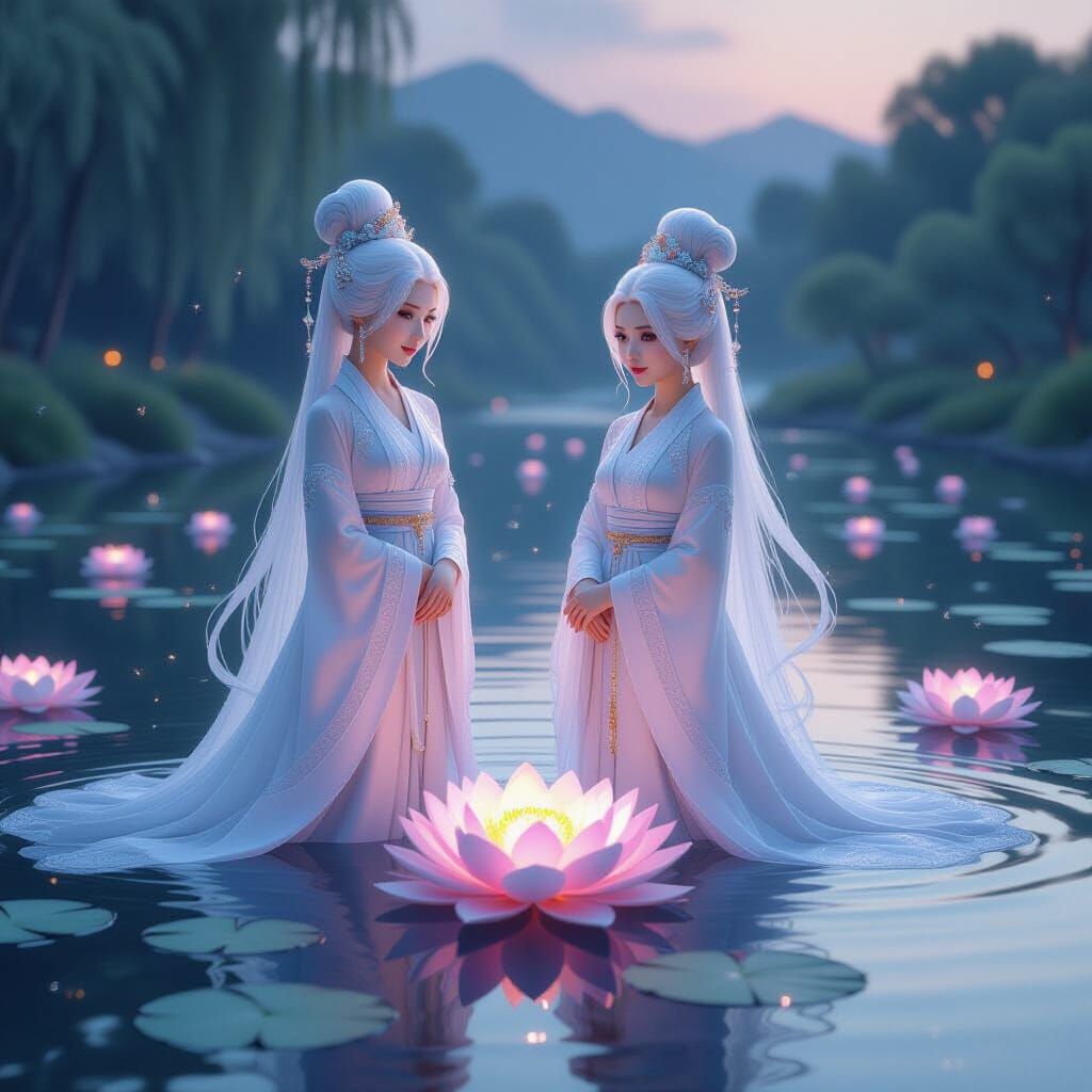 Ethereal Princess and Handmaiden in Lotus Pond