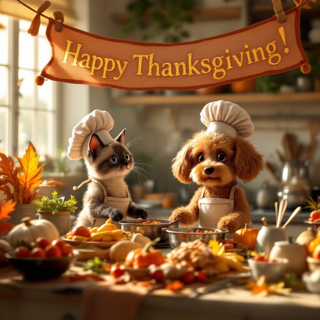 Thanksgiving Feast Prepared by Cartoon Pets in CGI
