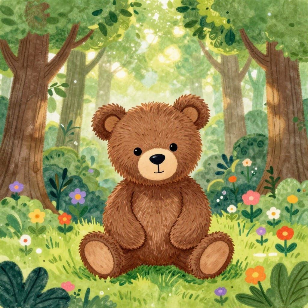 Child's Drawing of Teddy Bear in Enchanted Forest