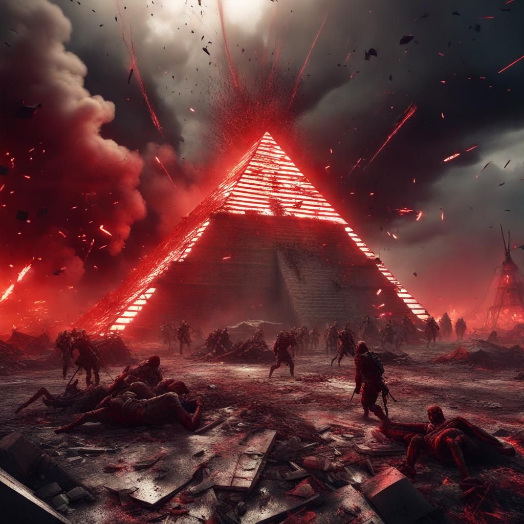 War Battlefield with Corpses and debris, in the background A big pyramid with eye