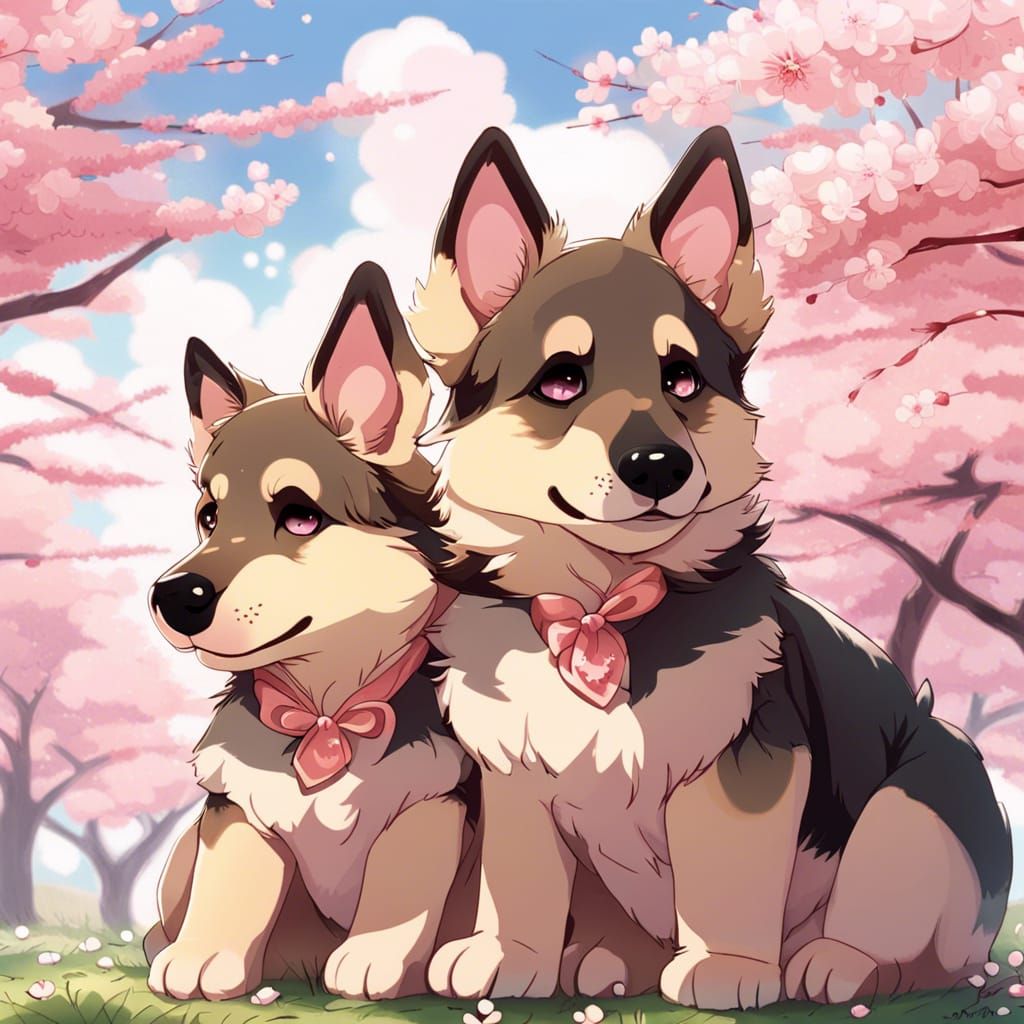German Shepherd Puppies Under Cherry Blossom Tree in Anime S...