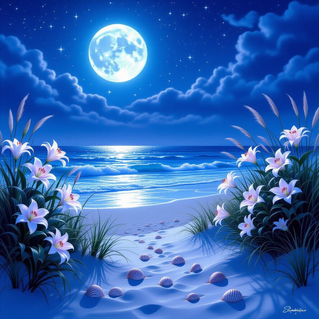 Magical Moonlit Beach Garden with Bioluminescent Waves