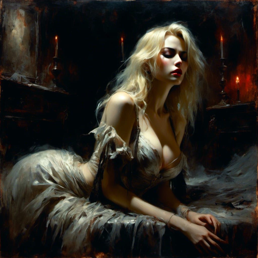 Noir Vampire in Gothic Bedroom, Oil Painting Style