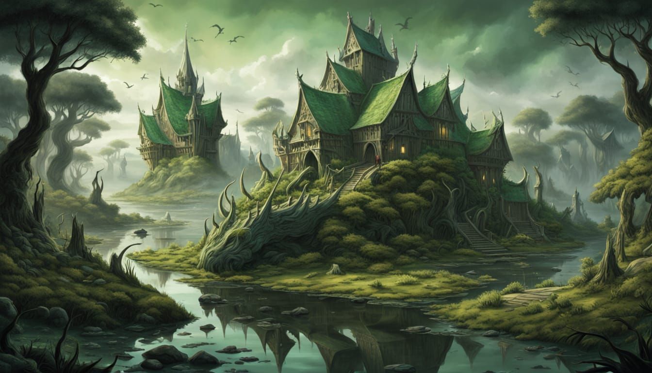 Celtic Dragon Settlement in Misty Swamp, Ligne Claire Style