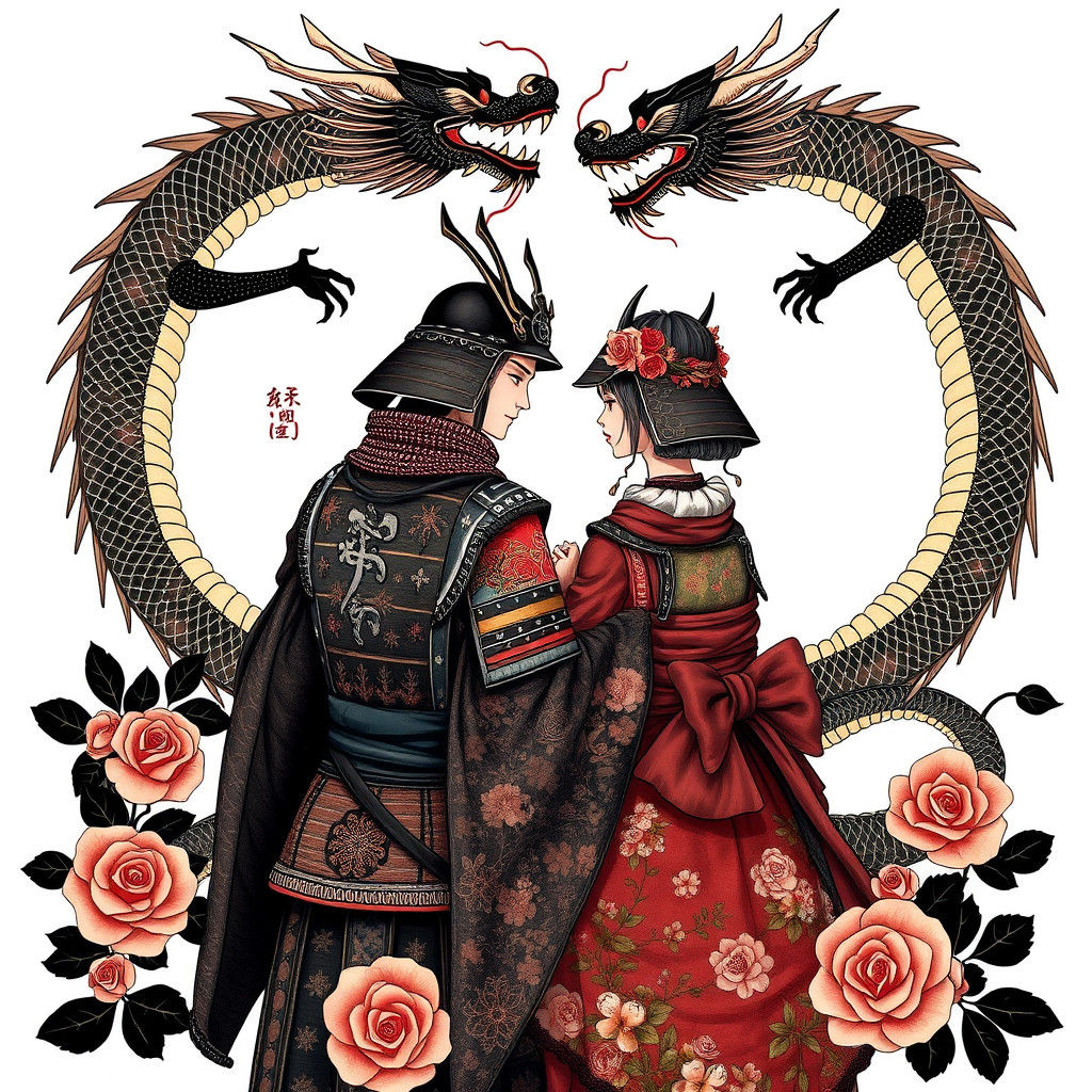 Samurai Couple Surrounded by Dragons in Ukiyo-e Style