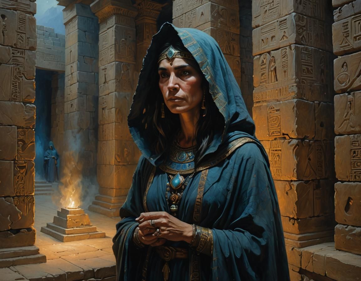 Witch of the Pyramids in Ancient Temple, Oil Painting