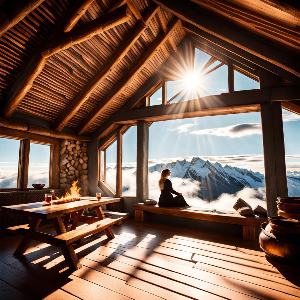 Cozy Cabin Interior with Fireplace and Sunlight