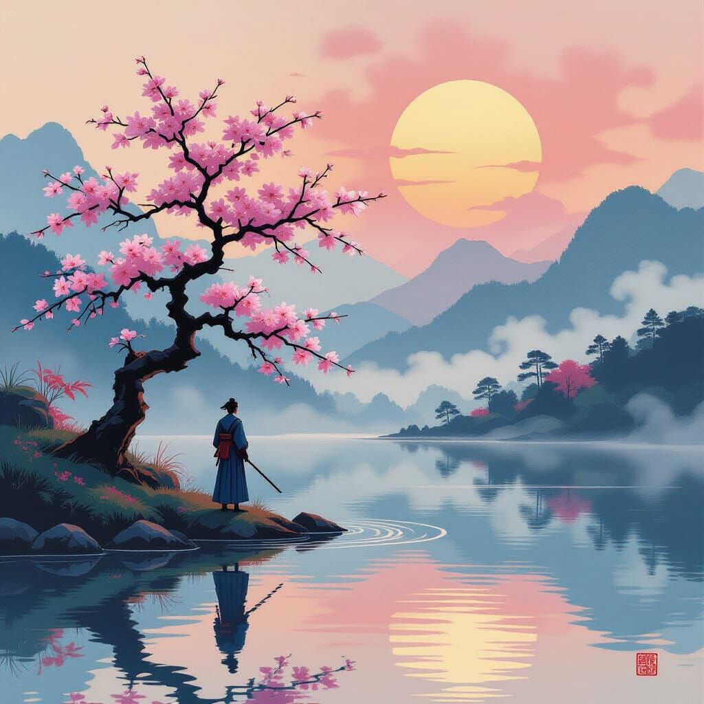 Samurai Contemplates Cherry Blossom by Mist Lake in Psychede...