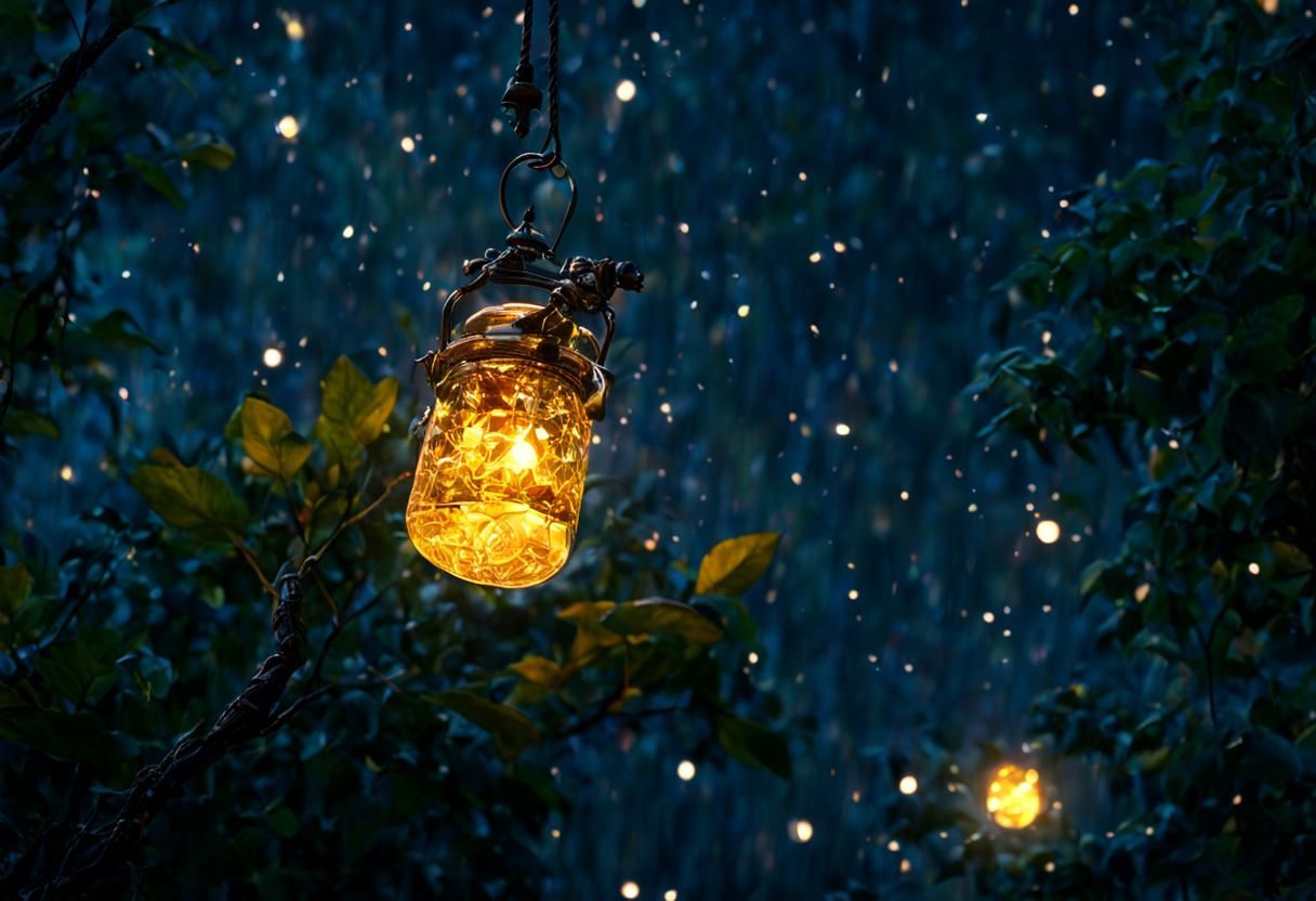 Fireflies Under Starry Night Sky in Mosaic Style