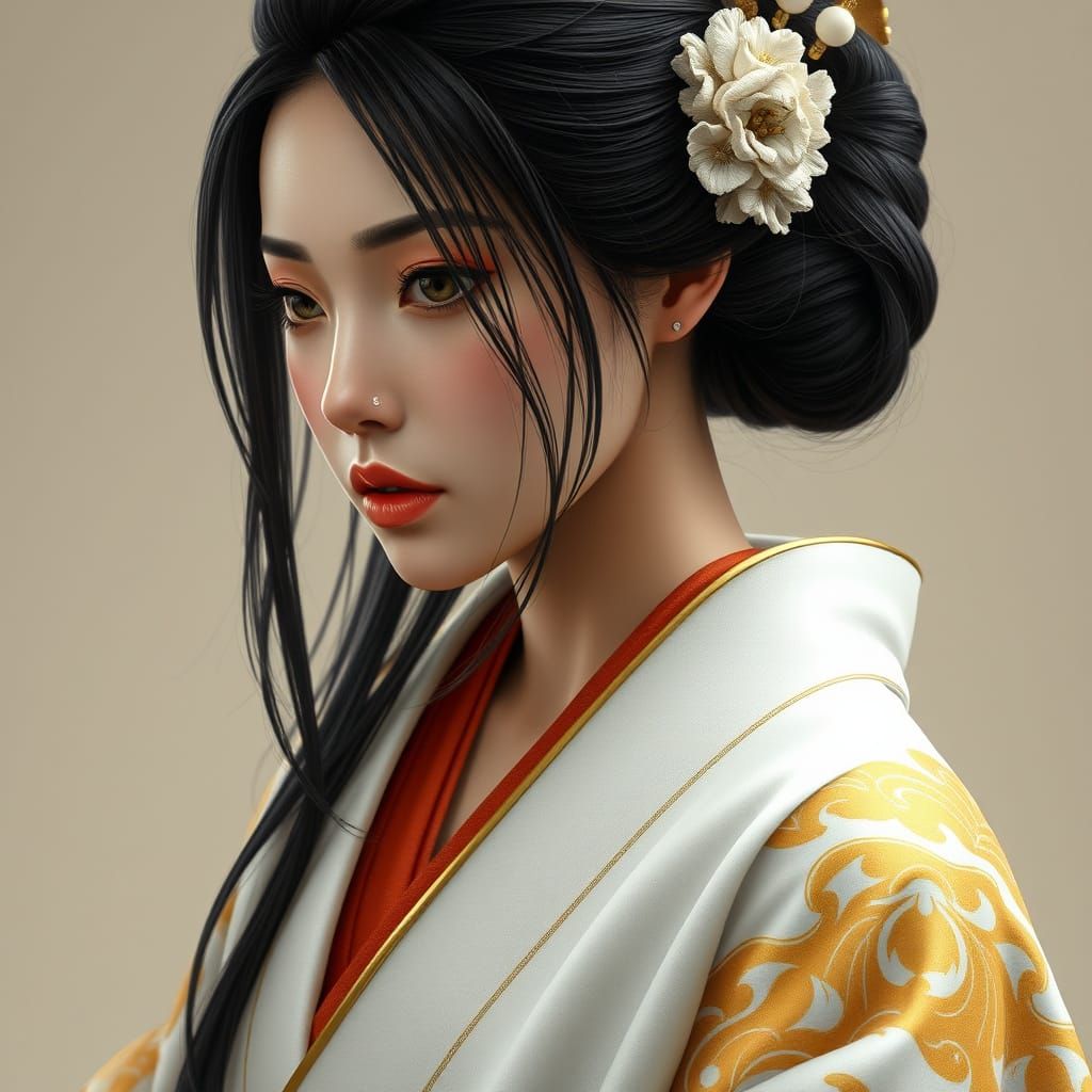 Japanese Woman with Kintsugi Scar in Kimono