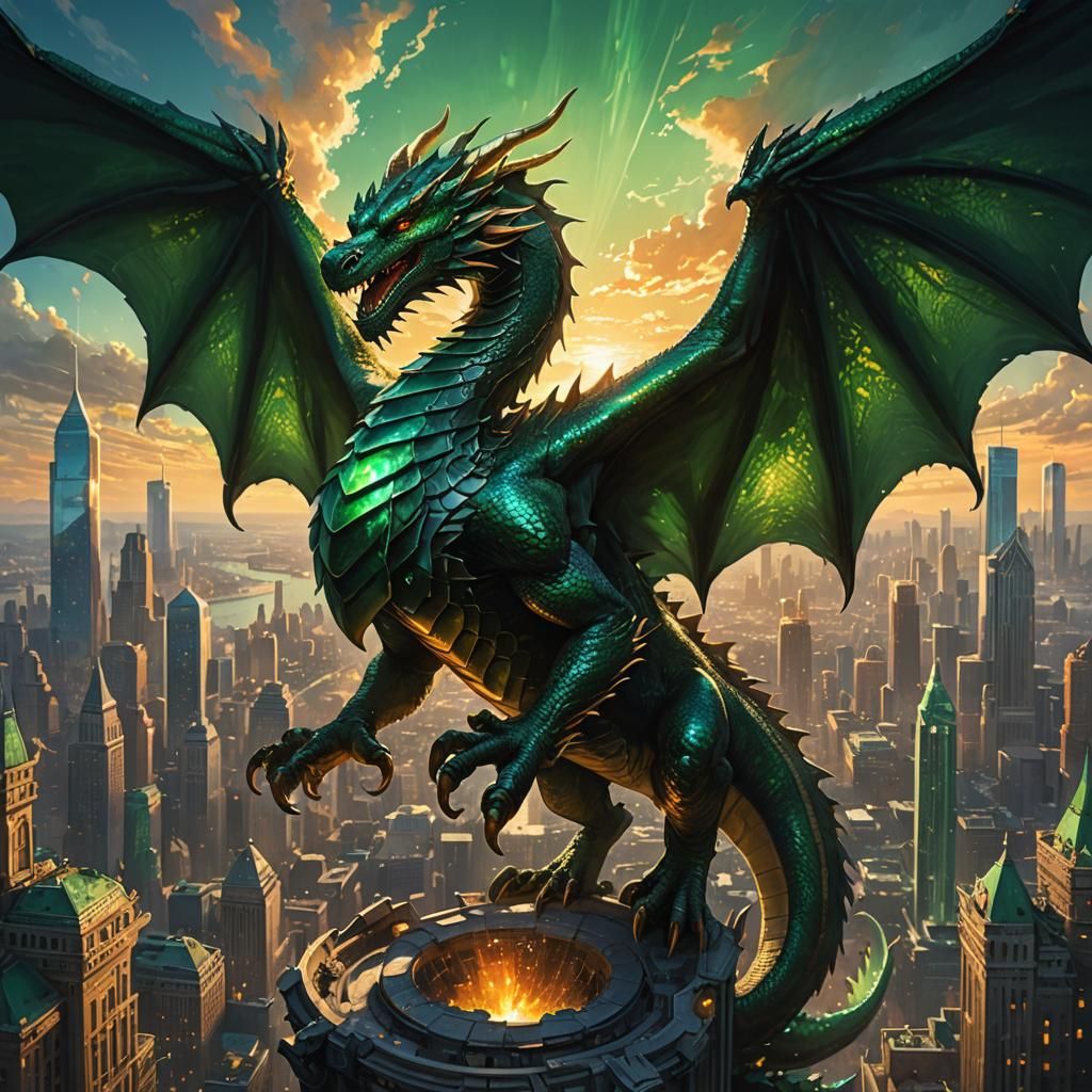 Dragon Soaring Over Cityscape: Fantasy Art