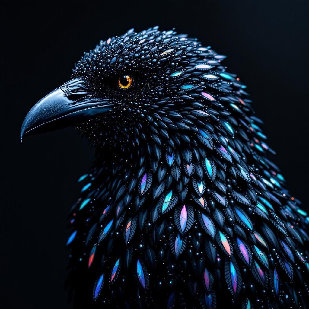 A sparkling black Raven made entirely of beads