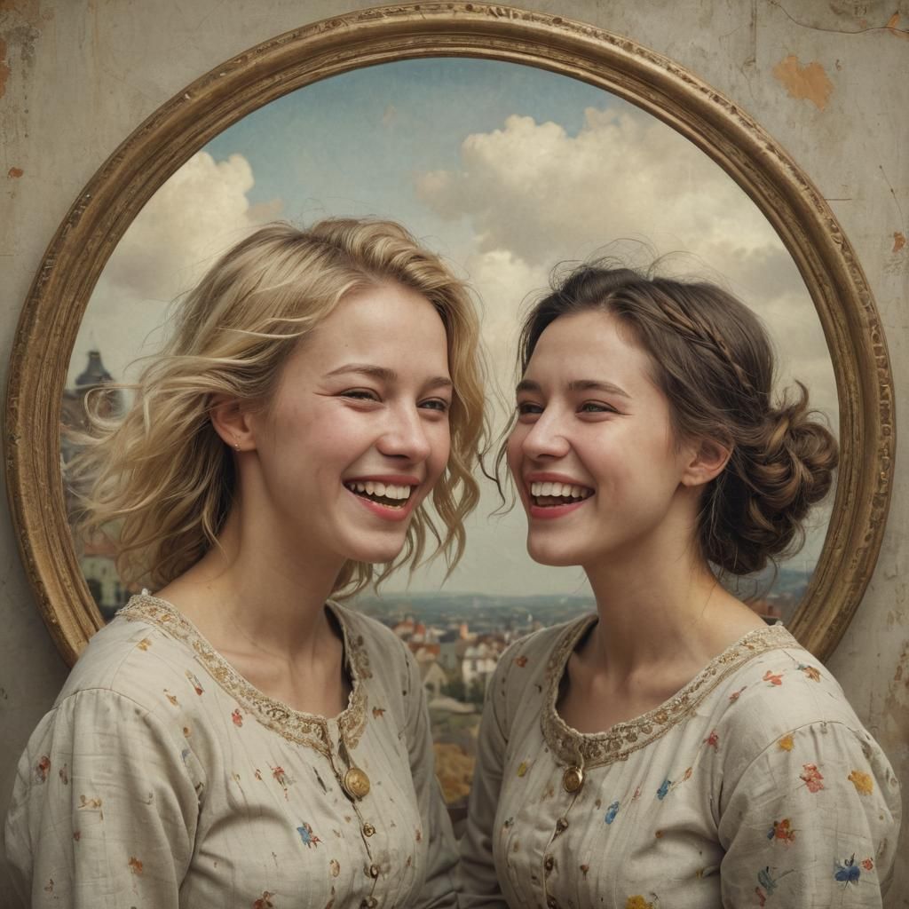 Laughing Sisters in Hyperrealistic Matte Painting