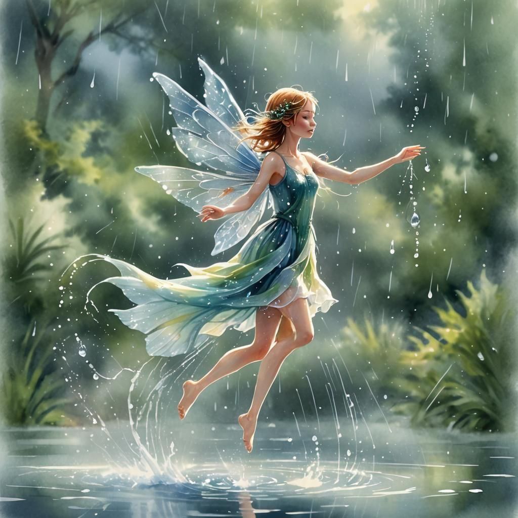 Water Fairy Dancing on a Raindrop Watercolor