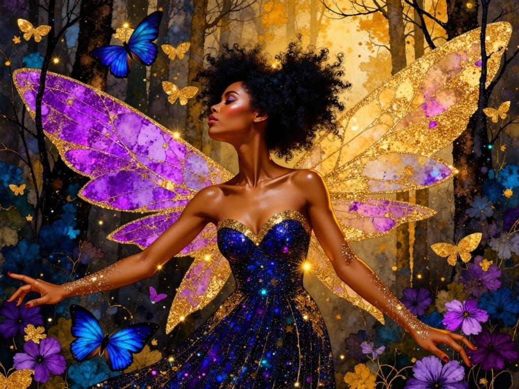 Sparkling Black Woman Fairy in Enchanted Garden in Art Nouve...