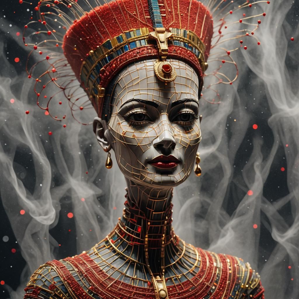 Ethereal Nefertiti Sculpture in Glowing Red and Purple Hues