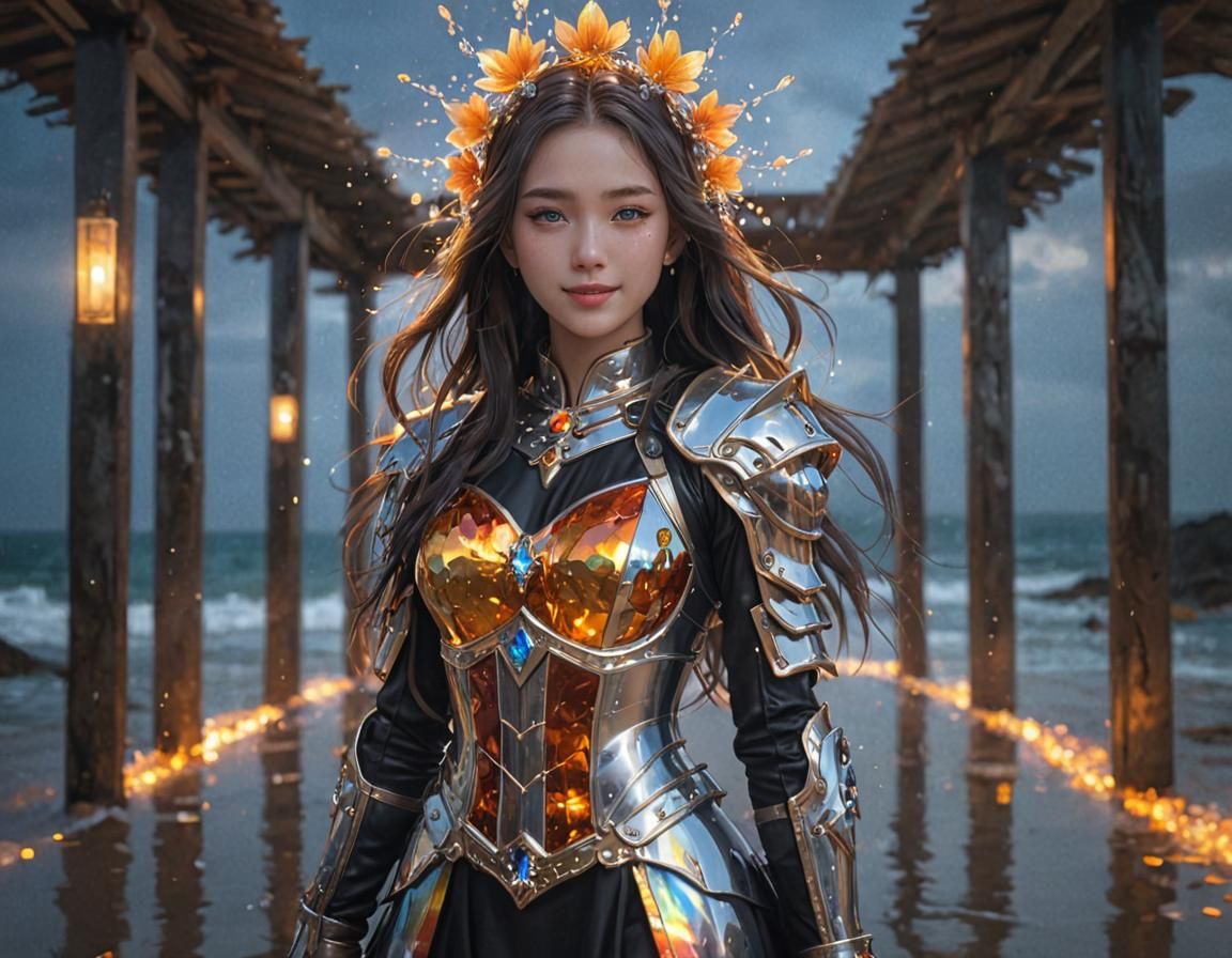 Anime Girl on Glass Beach at Dusk in 3D