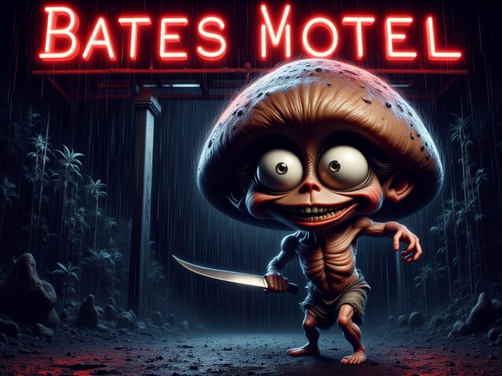 Satirical Mushroom Mimics Psycho in Cartoon Style