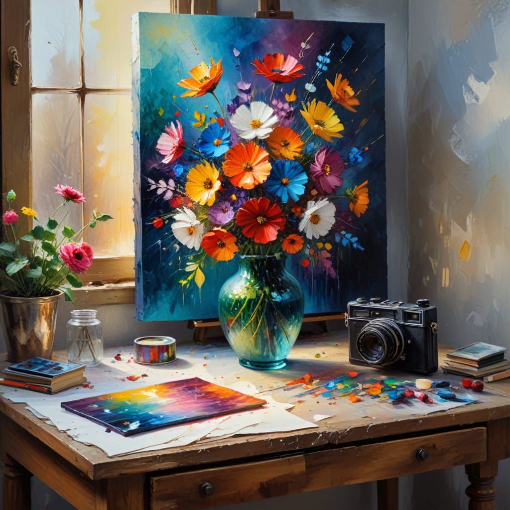 Impasto Painting of a Camera in a Dimly Lit Room