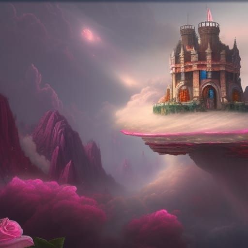 White Castle with Roses on Clouds: Fantasy Art