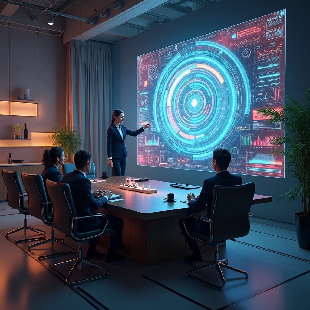 Confident Businesswoman in Futuristic Boardroom